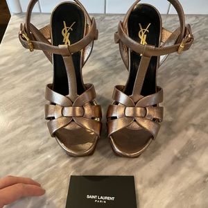 Yves Saint Laurent Tribute Metallic Platform Sandals in Blush Metal